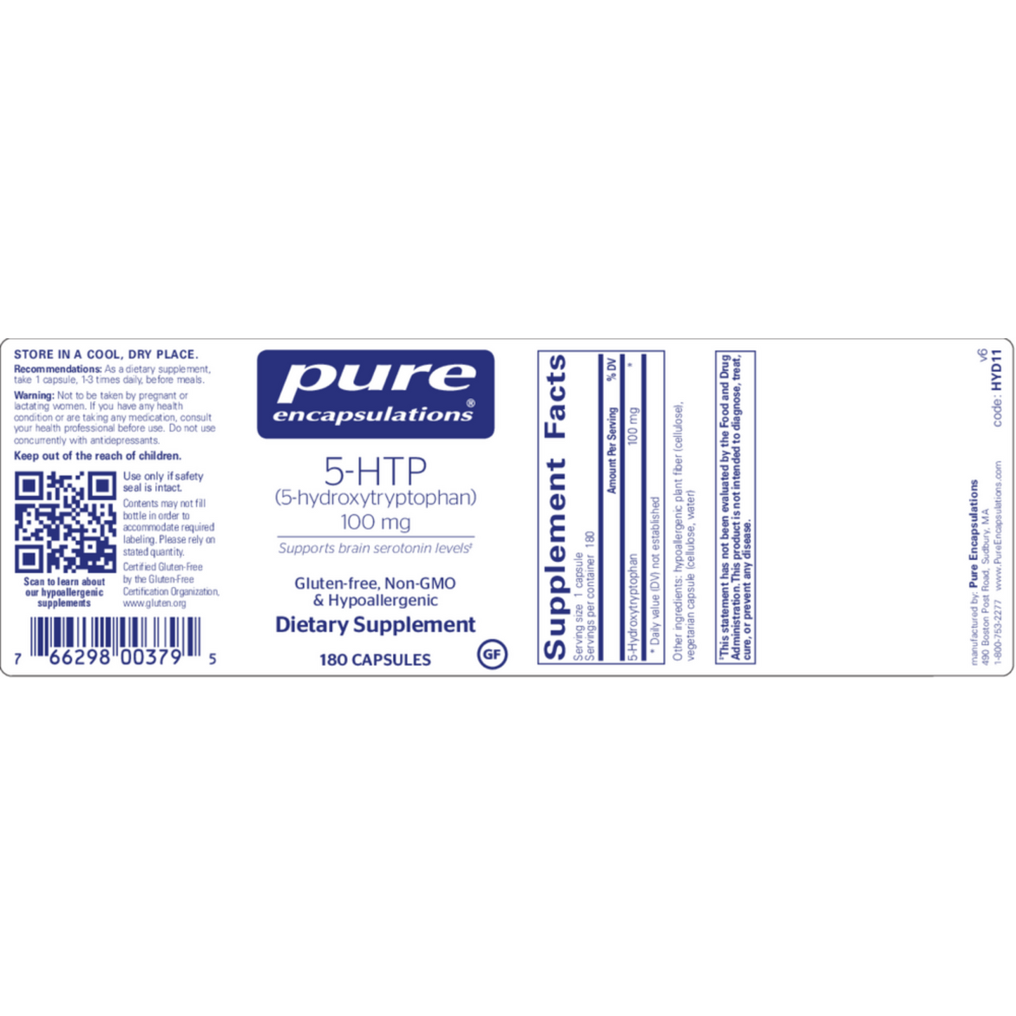 5 HTP 100 Mg Pure Encapsulations Label