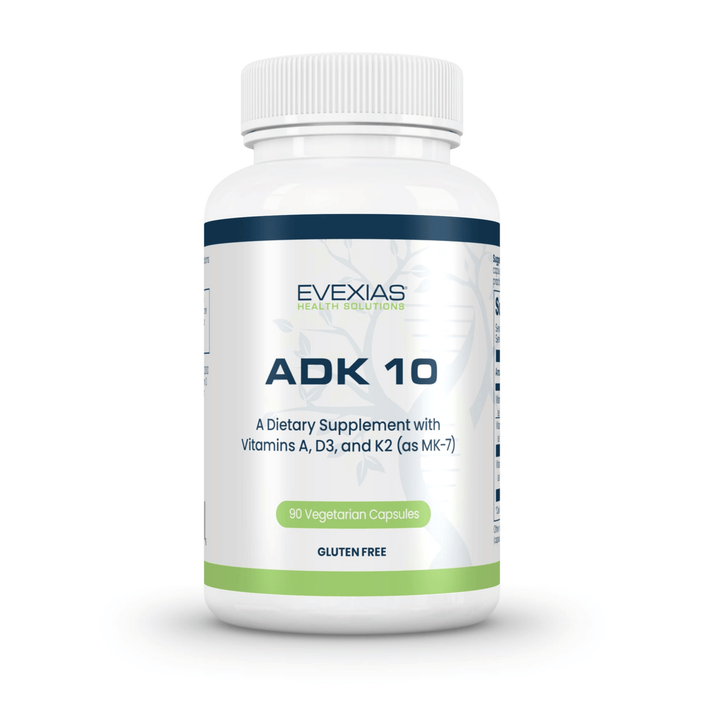 ADK 10 by Evexias dietary supplement with vitamins A, D3, and K2 in 90 vegetarian capsules, gluten-free.