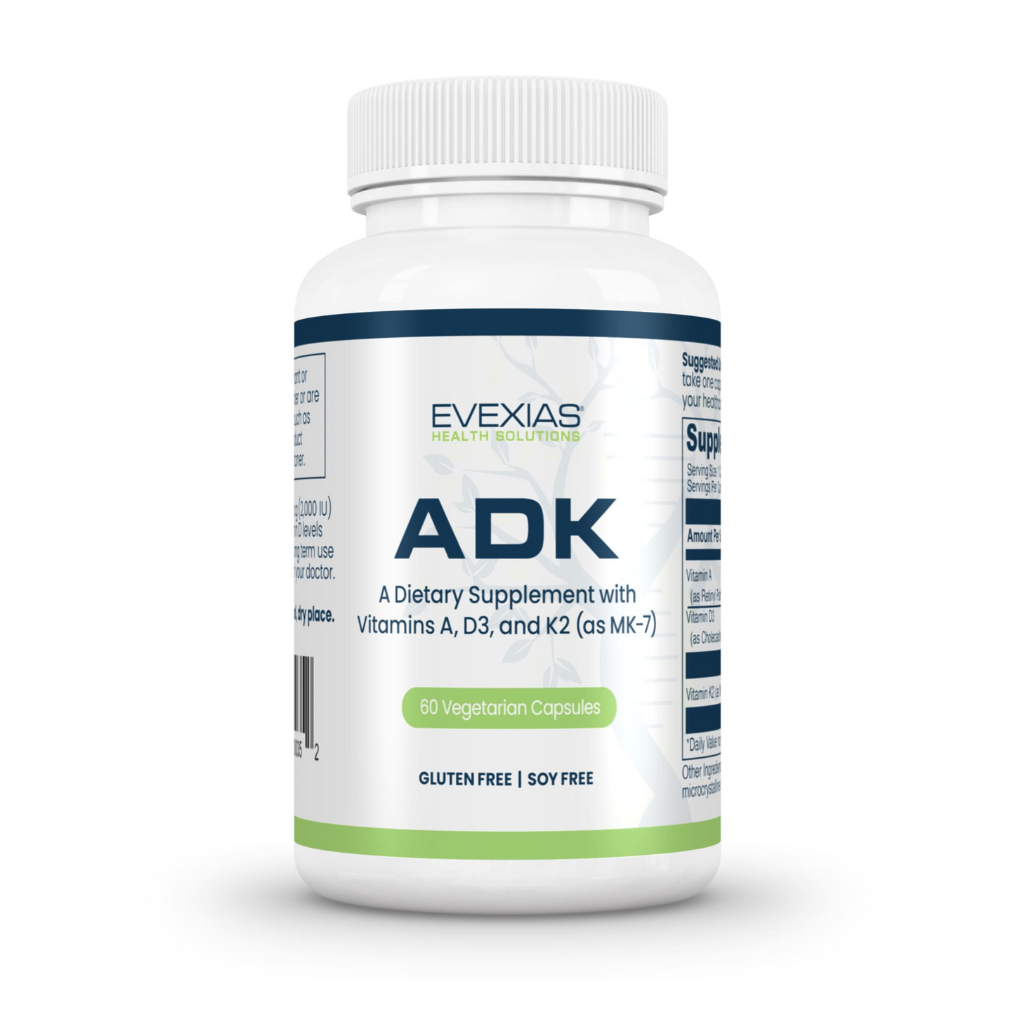 Bottle of ADK Supplement by Evexias with vitamins A, D3, and K2 for bone, heart, and immune support, gluten and soy free.