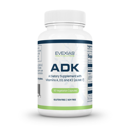 Bottle of ADK Supplement by Evexias with vitamins A, D3, and K2 for bone, heart, and immune support, gluten and soy free.