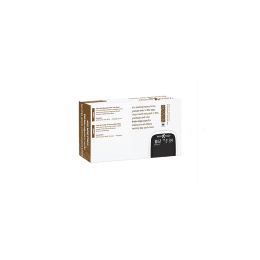 Back view of the GK+ Glucose Test Strips box detailing the 8 electrode technology and storage instructions
