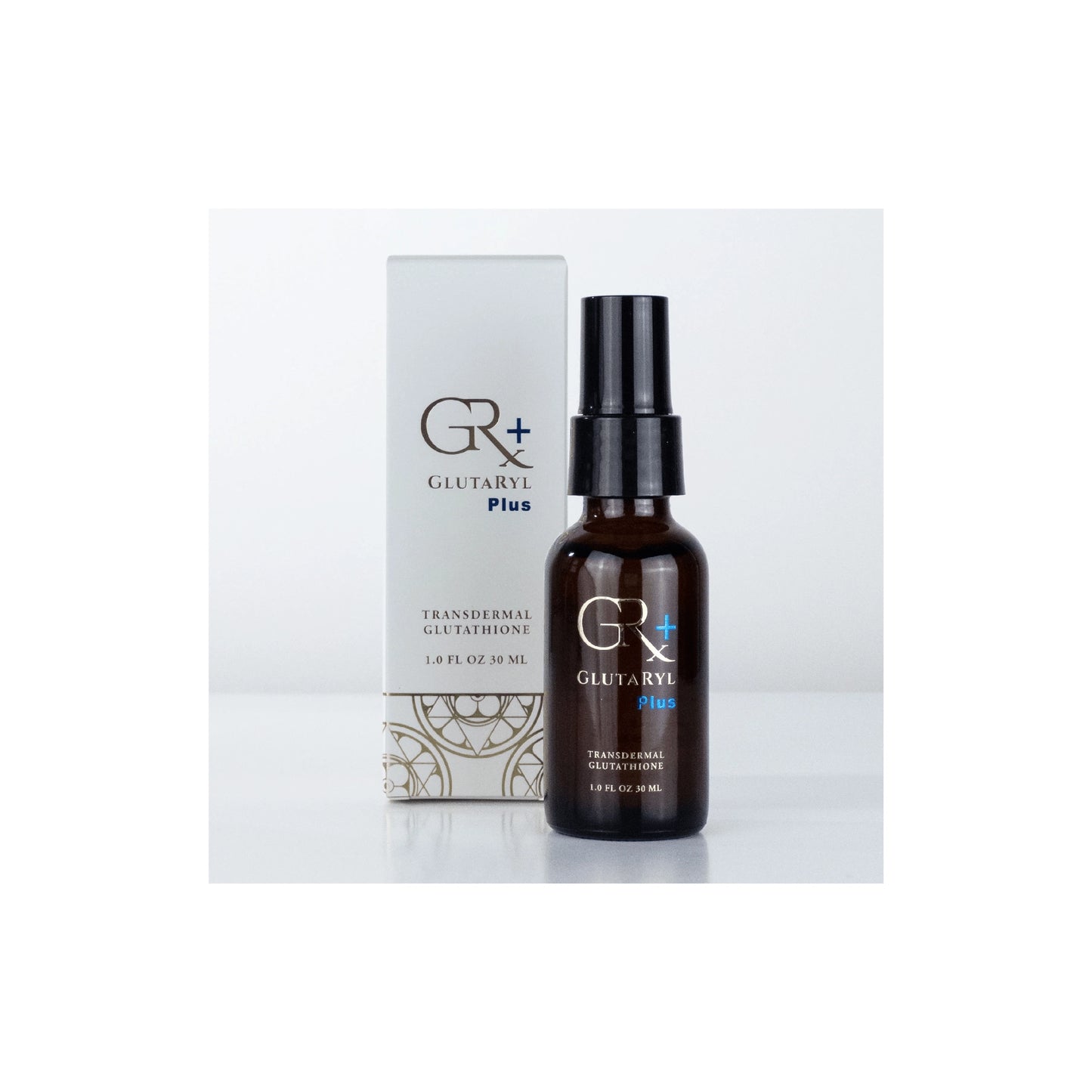 Front view of the Approved Medical Solutions Glutaryl+ Antioxidant Glutathione 1 oz spray bottle and its protective packaging box