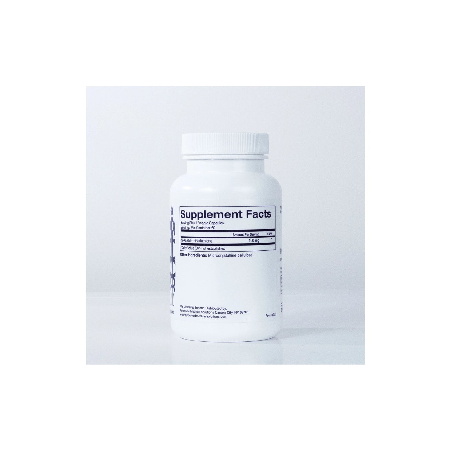Close up of the Glutathione Emothion bottle label detailing the S-Acetyl-L-Glutathione content and dosage instructions