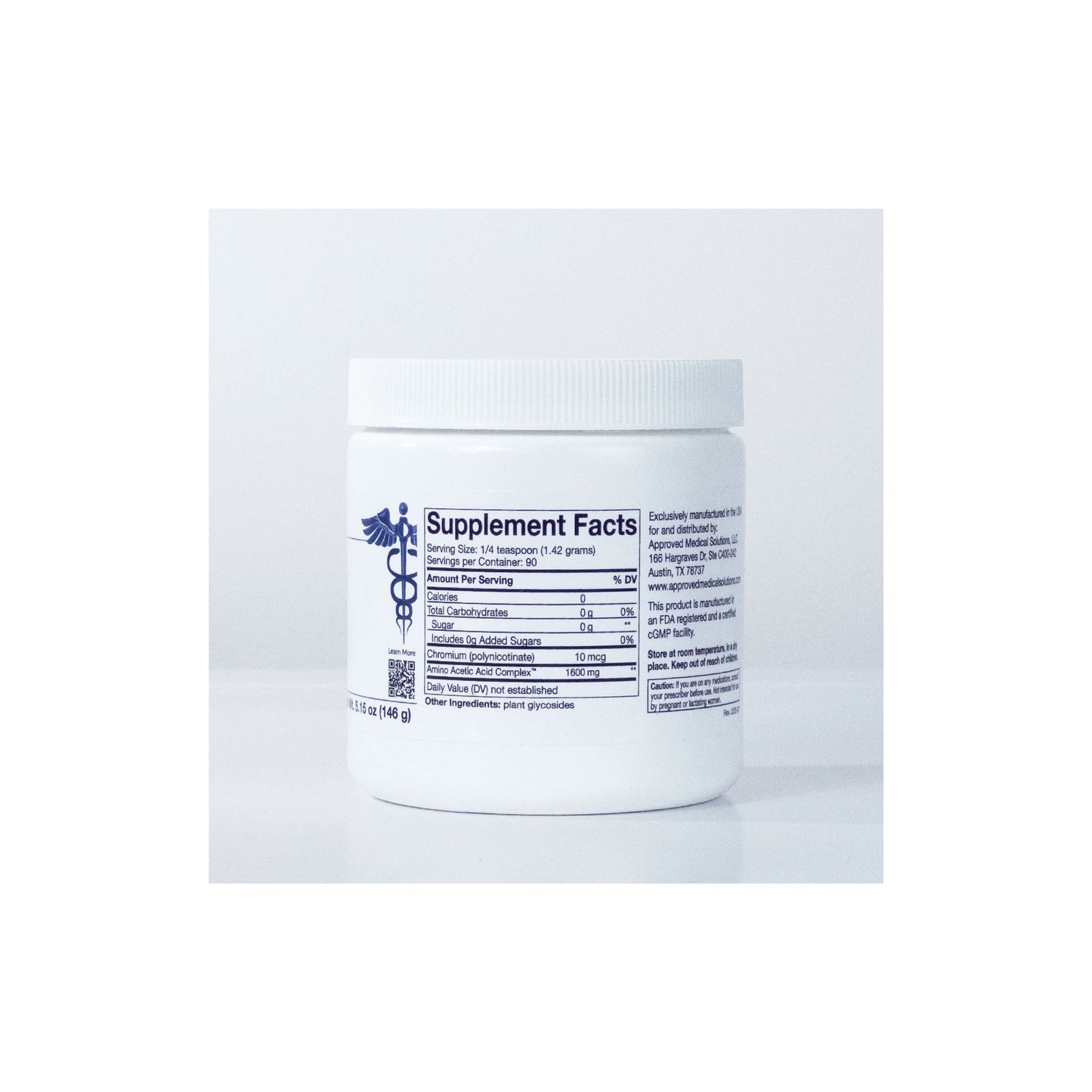 Back view of Approved Medical Solutions Hunger container supplement facts label detailing the targeted botanical and nutrient profile