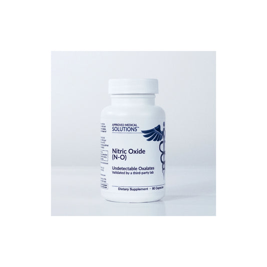 Front view of Approved Medical Solutions Nitric Oxide N-O 60 capsules bottle highlighting the advanced circulation and cardiovascular support formula