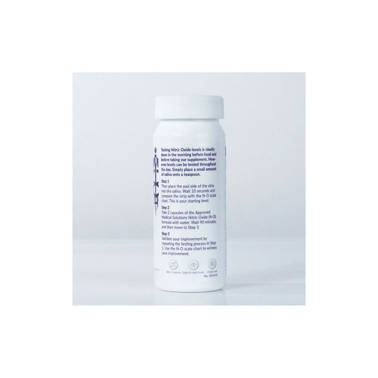 Back view of Approved Medical Solutions Nitric Oxide Indicator Strips container detailing instructions for use