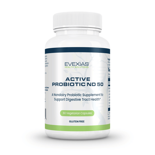 Bottle of Evexias Active Probiotic ND 50 gluten-free non-dairy supplement with 60 vegetarian capsules for digestive health