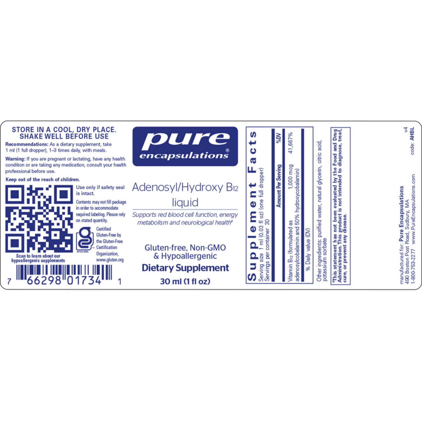 Adenosyl Hydroxy B12 Liquid Pure Encapsulations Label