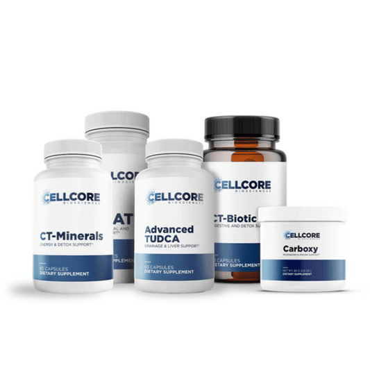 CellCore Advanced MYC Support Kit supplements for detox, energy, liver support, and gut health.
