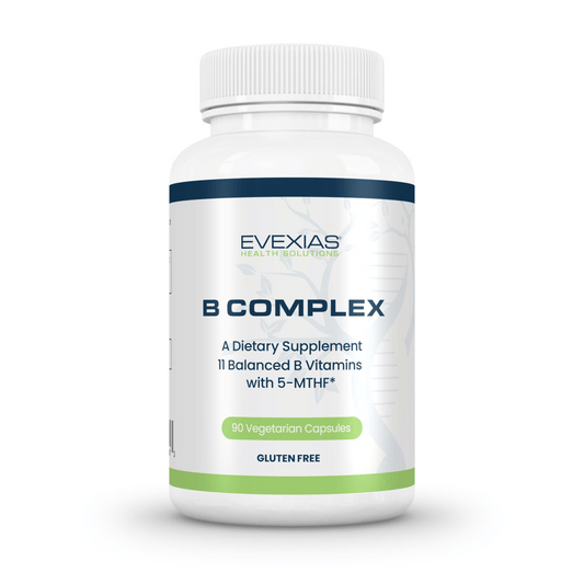 B-Complex by Evexias dietary supplement bottle with 90 vegetarian capsules and gluten-free label