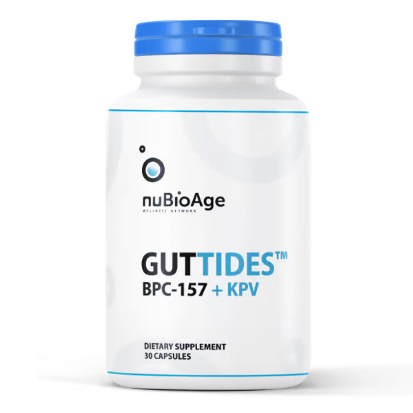 GUTTIDES by nuBioage dietary supplement bottle with BPC-157 and KPV peptides 30 capsules.