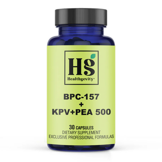 Healthgevity BPC-157-KPV-PEA 500 dietary supplement bottle with 30 capsules for gut health and recovery support