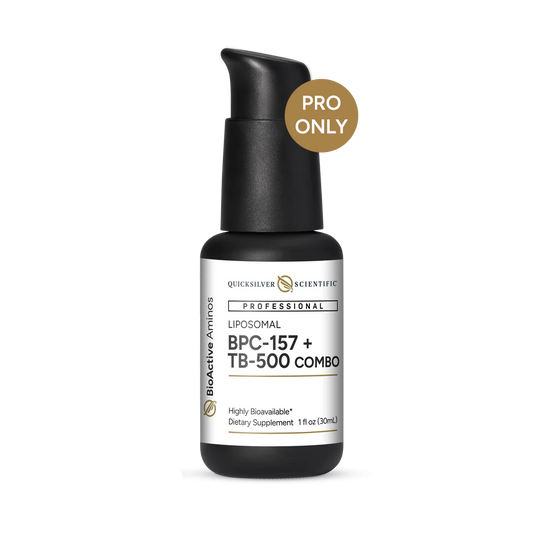 Bottle of Quicksilver Scientific BPC-157 + TB-500 Combo supplement on a white background