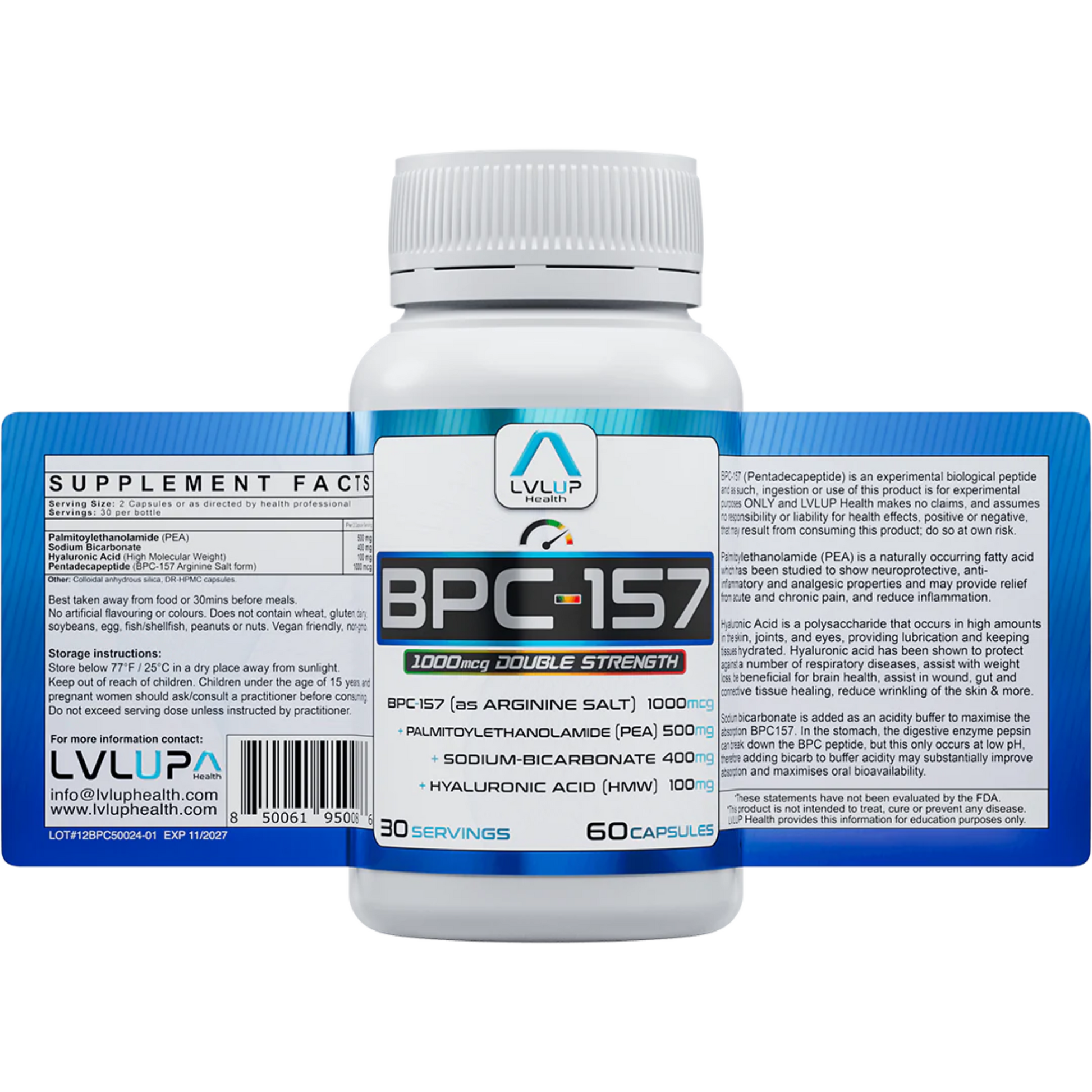 BPC-157 Double Strength supplement bottle with key ingredients and detailed label information by LVLUP Health