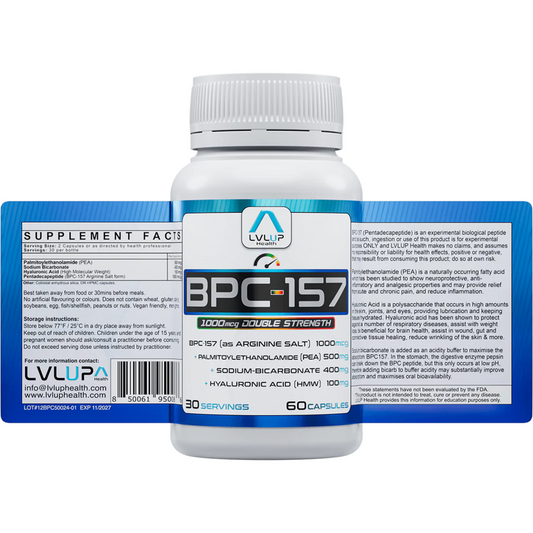 BPC-157 Double Strength supplement bottle with key ingredients and detailed label information by LVLUP Health