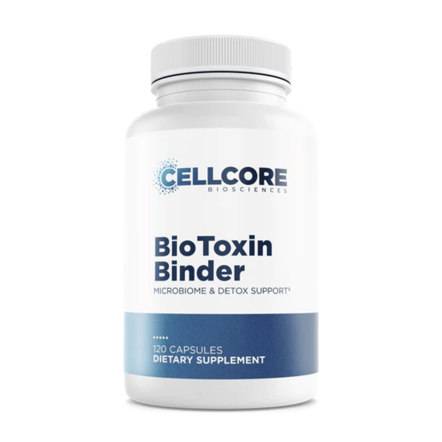 CellCore BioToxin Binder dietary supplement bottle for microbiome and detox support with 120 capsules