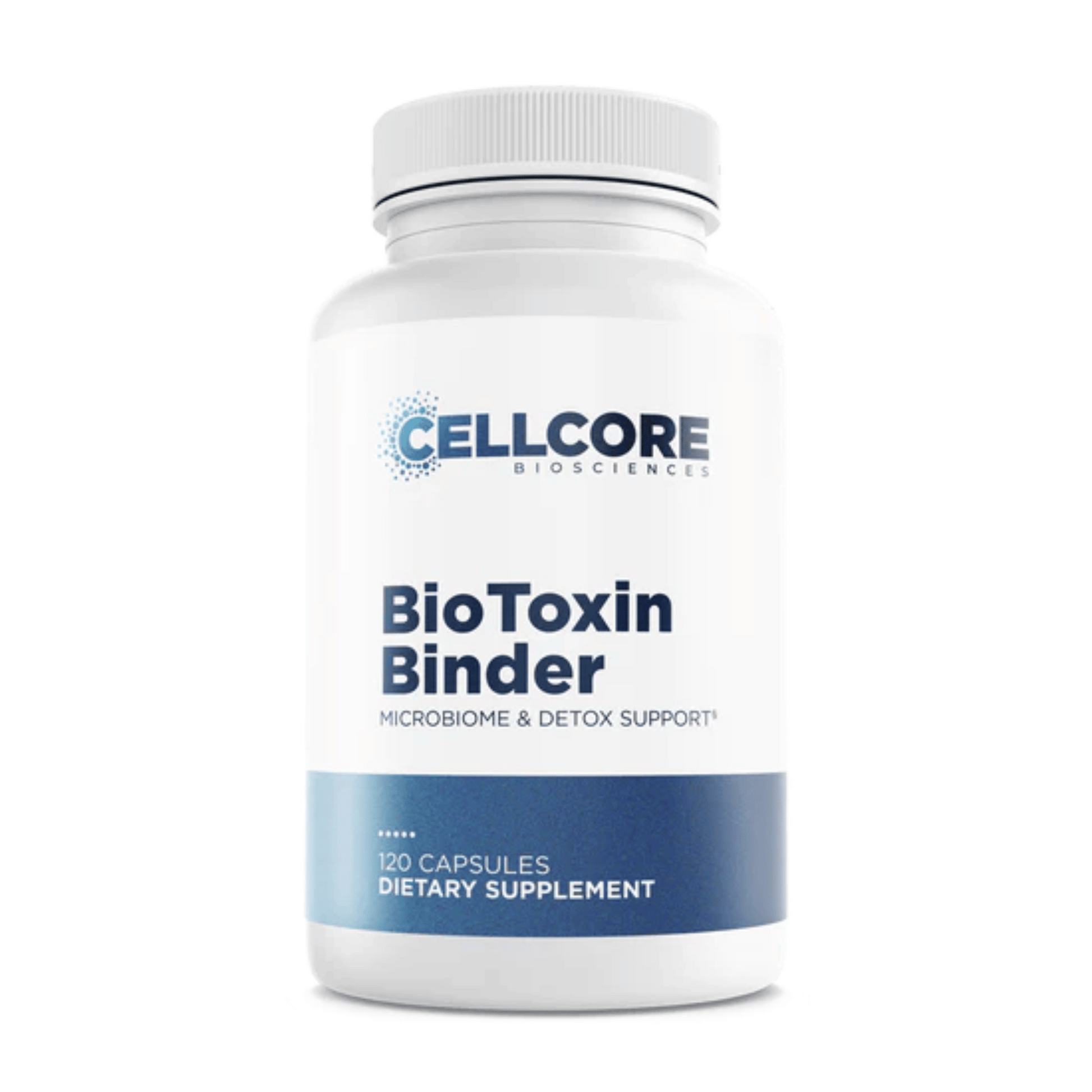 CellCore BioToxin Binder dietary supplement bottle for microbiome and detox support with 120 capsules