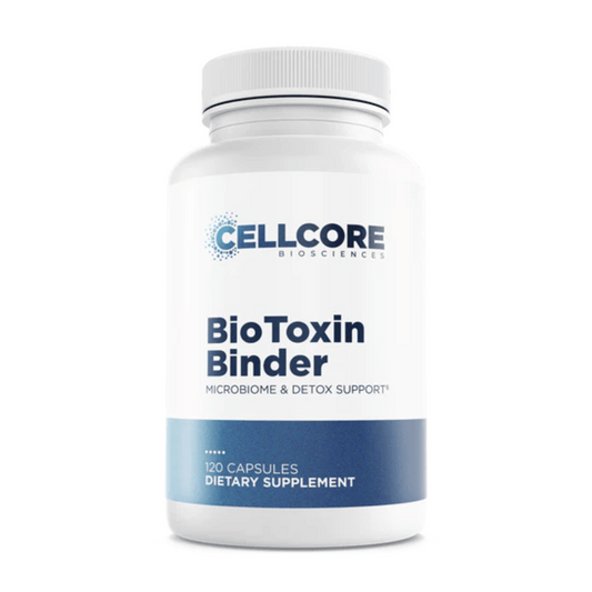 CellCore BioToxin Binder dietary supplement bottle for microbiome and detox support with 120 capsules