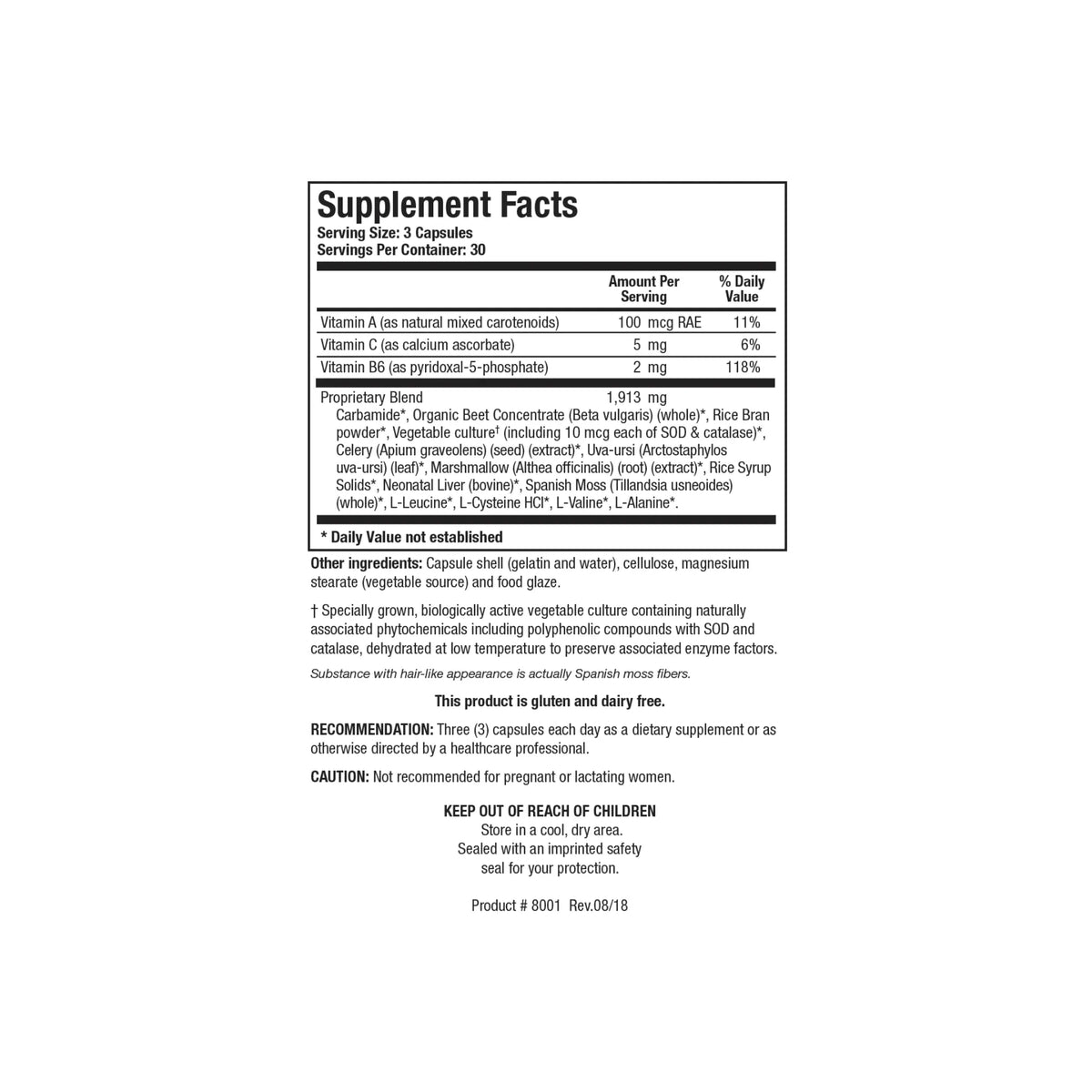 Close up of the Carbamide Plus supplement facts label detailing carbamide botanical extracts active vegetable culture and essential vitamins