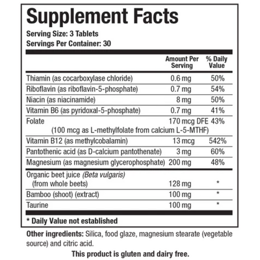 Acti-Mag supplement facts panel by Biotics Research featuring magnesium, taurine, organic beetroot juice, B-vitamins, and bamboo extract