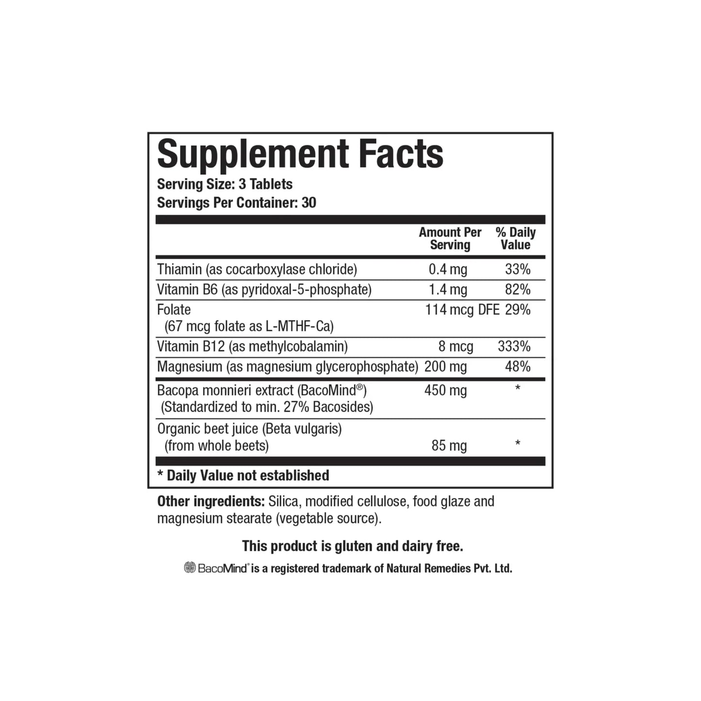 Close up of the Acti Mag Neuro supplement facts label detailing the magnesium glycerophosphate BacoMind bacopa monnieri extract active B vitamins and organic beet juice