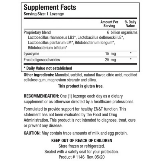 Adult-ENT Pro supplement facts panel by Biotics Research showing specialized probiotic strains including Lactobacillus and Bifidobacterium