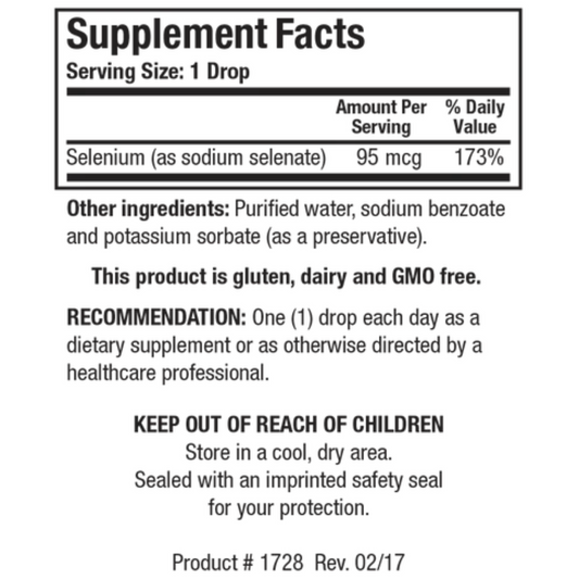 Aqueous Selenium supplement facts label showing 95 mcg of selenium per liquid drop