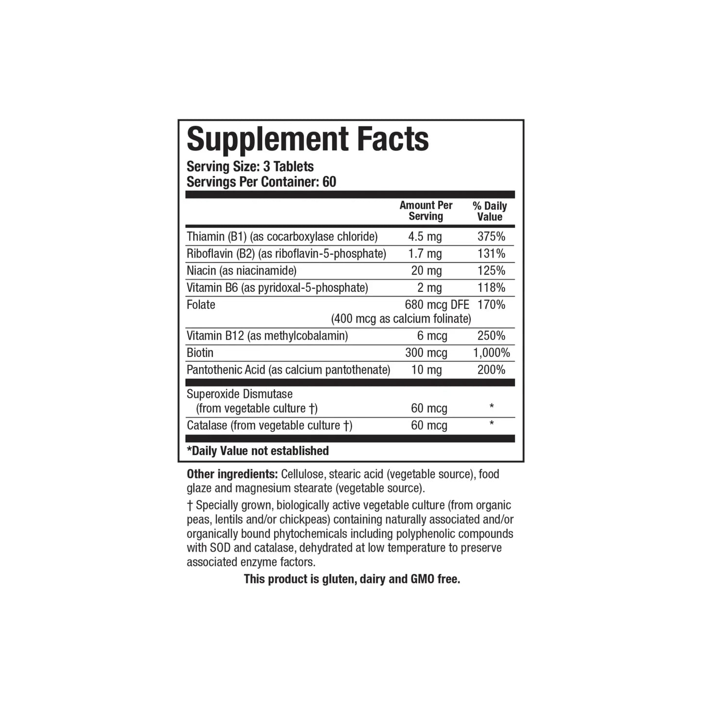 Close up of the Bio 3B G supplement facts label detailing the active phosphorylated B vitamins superoxide dismutase and catalase