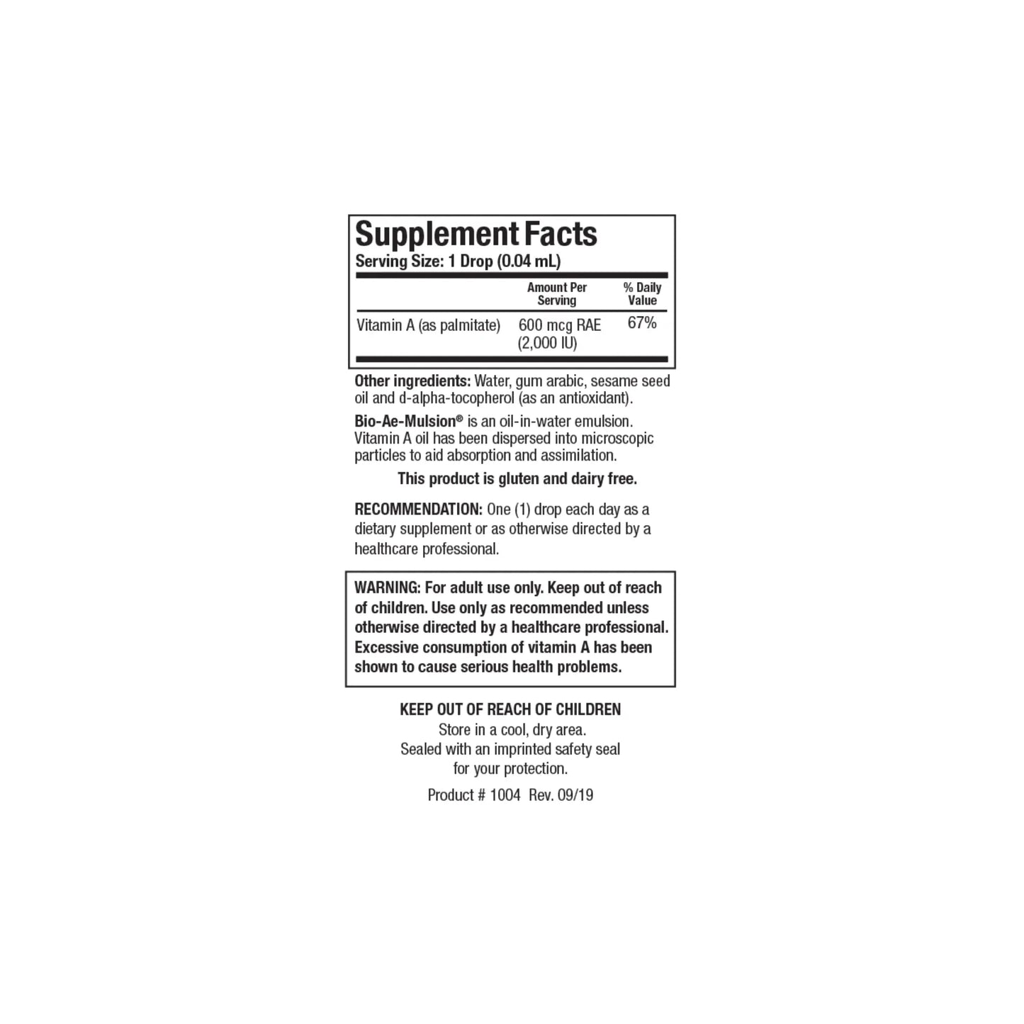 Close up of the Bio Ae Mulsion supplement facts label detailing the two thousand IU of vitamin A as palmitate per drop