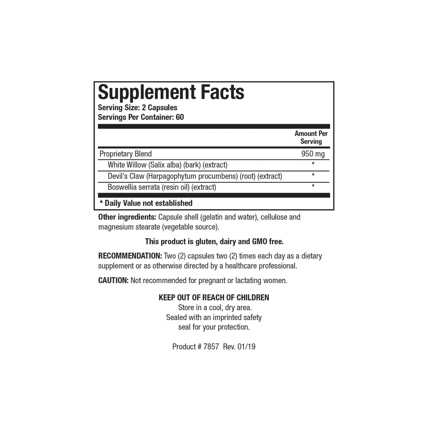 Close up of the Bio Allay supplement facts label detailing the white willow bark extract devils claw and boswellia serrata extract milligrams