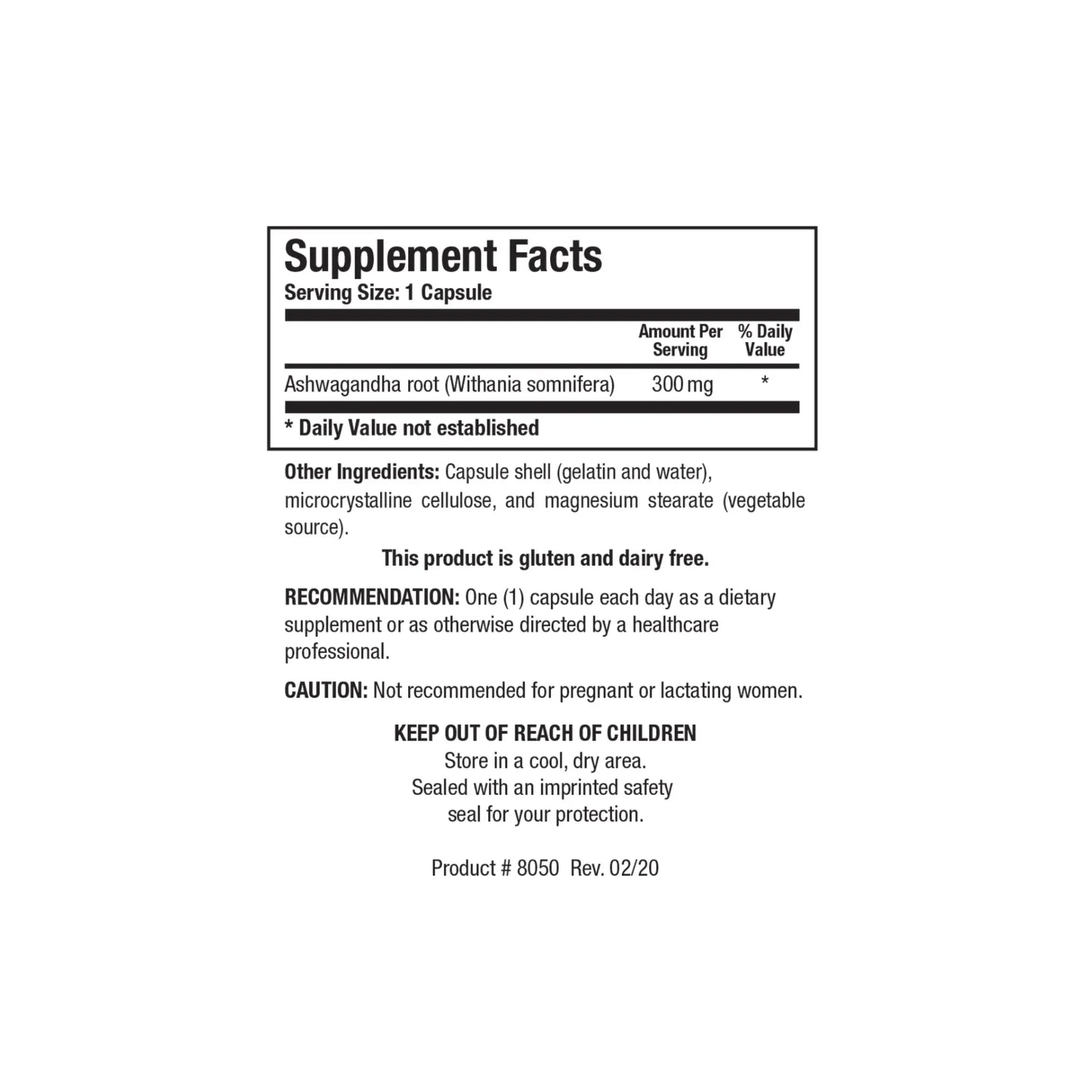 Close up of the Bio Ashwagandha supplement facts label detailing the standardized Sensoril ashwagandha extract milligrams per serving