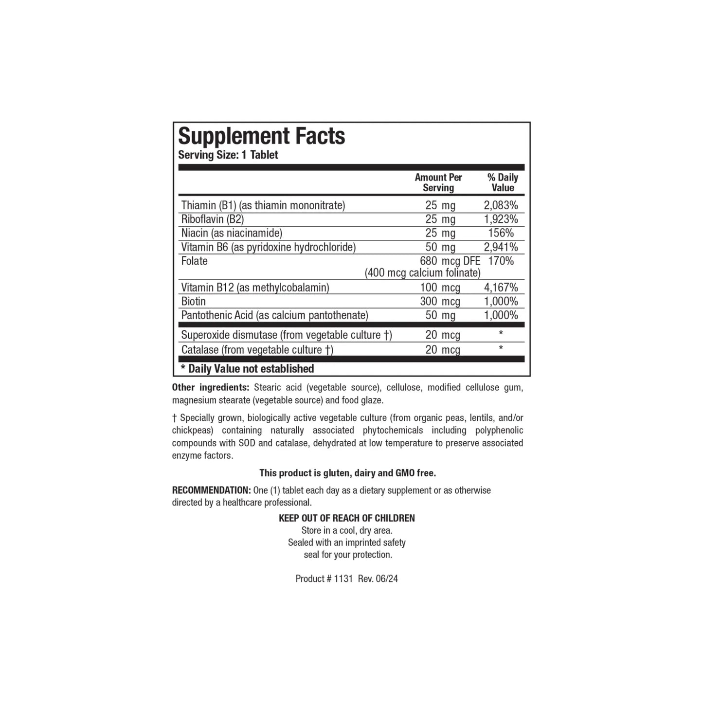 Close up of the Bio B Complex supplement facts label detailing the full spectrum B vitamins calcium folinate methylcobalamin superoxide dismutase and catalase