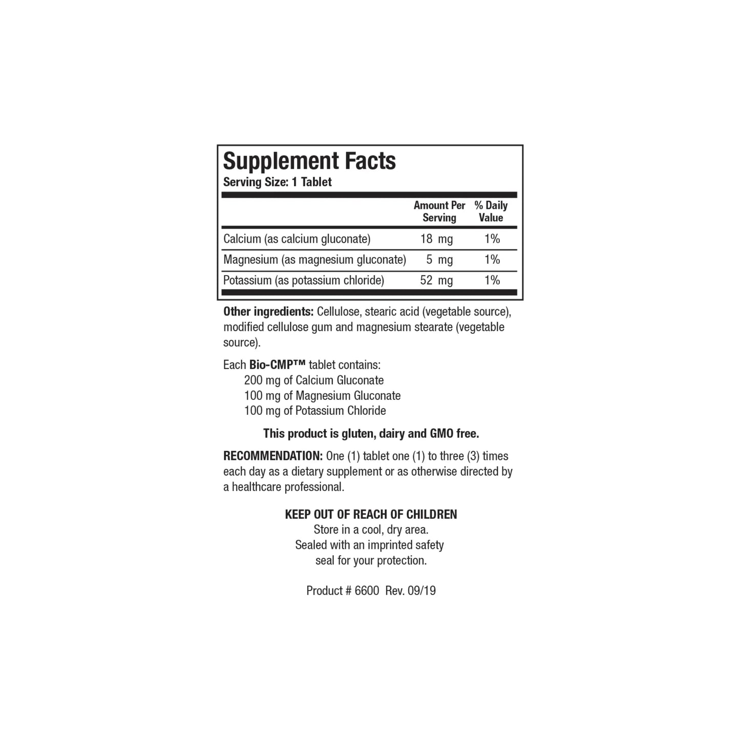 Close up of the Bio CMP supplement facts label detailing the calcium gluconate magnesium gluconate and potassium chloride milligram amounts per serving