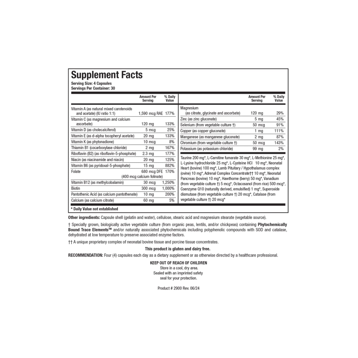 Close up of the Bio Cardiozyme Forte supplement facts label detailing the vitamins minerals amino acids hawthorn berry extract and bovine glandular concentrates