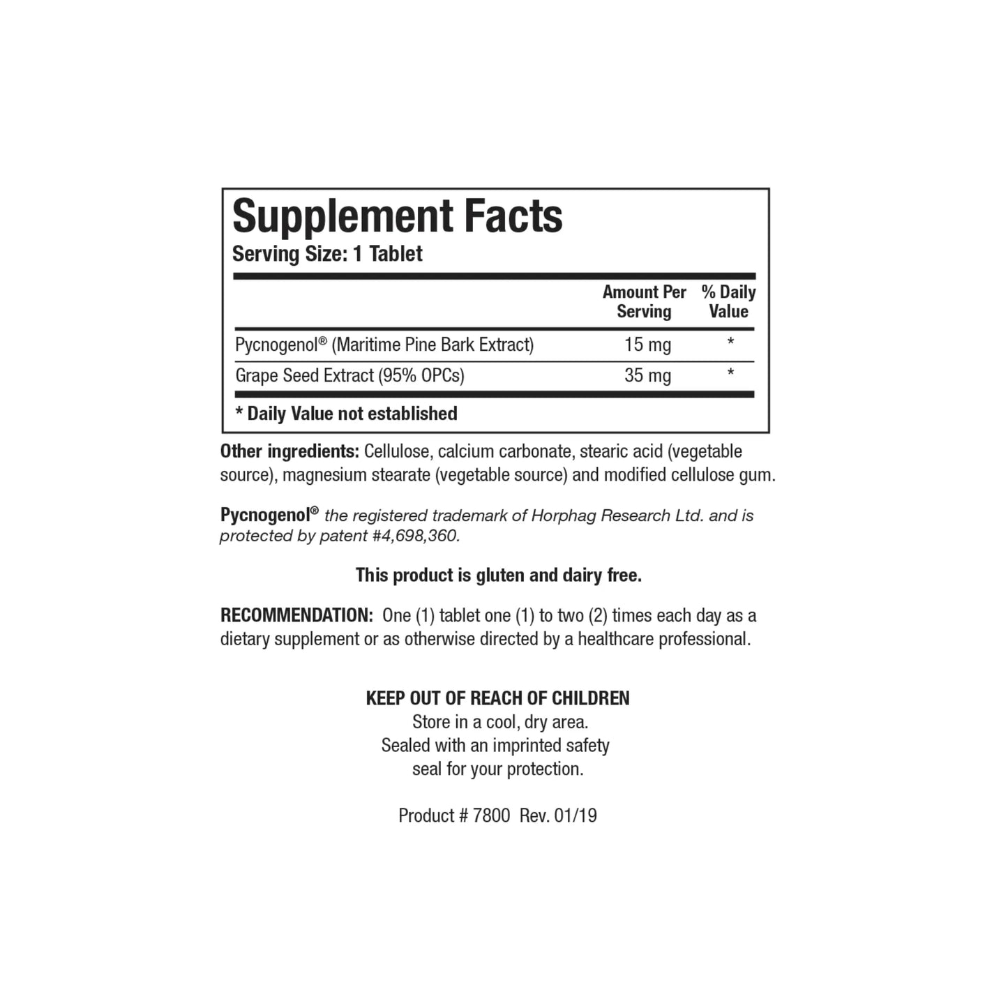 Close up of the Bio Cyanidins supplement facts label detailing the pine bark extract grape seed extract and bilberry extract milligrams