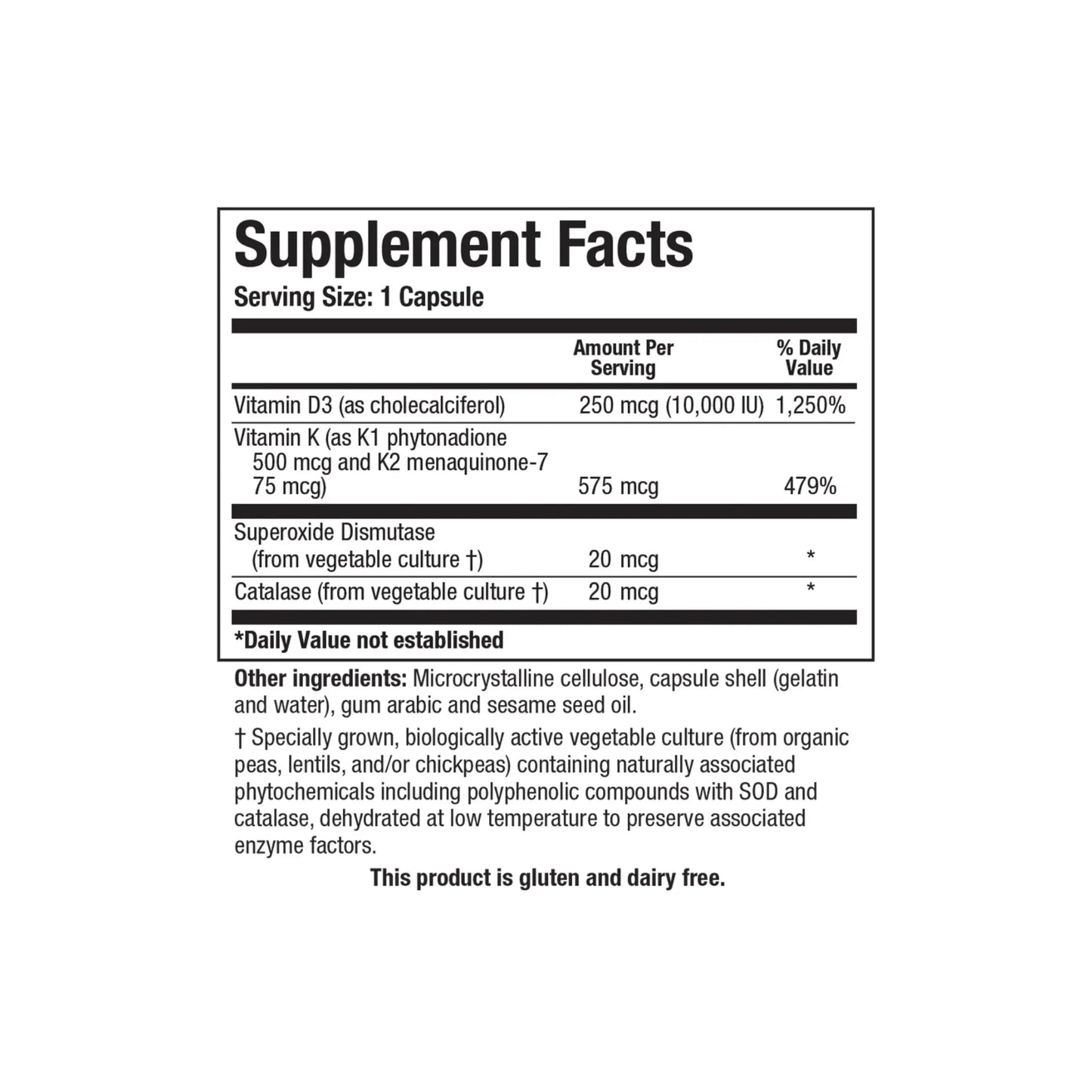 Close up of the Bio DK Caps 10000 IU supplement facts label detailing ten thousand IU vitamin D3 alongside vitamin K1 and vitamin K2 as MK7