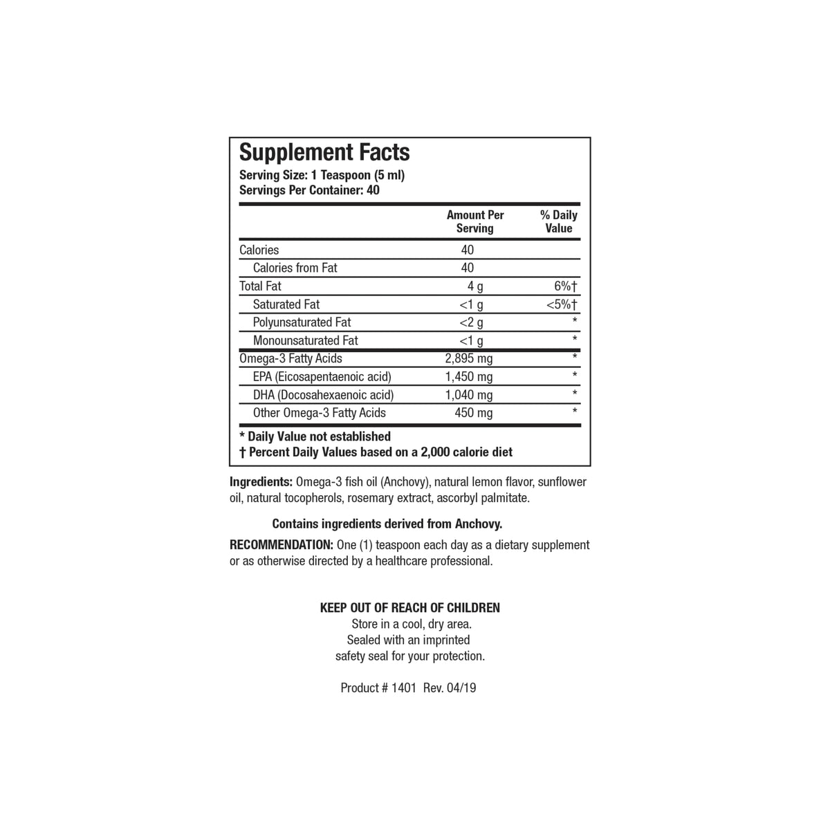 Close up of the BiOmega 3 Liquid supplement facts label detailing concentrated EPA and DHA essential fatty acid levels per teaspoon serving