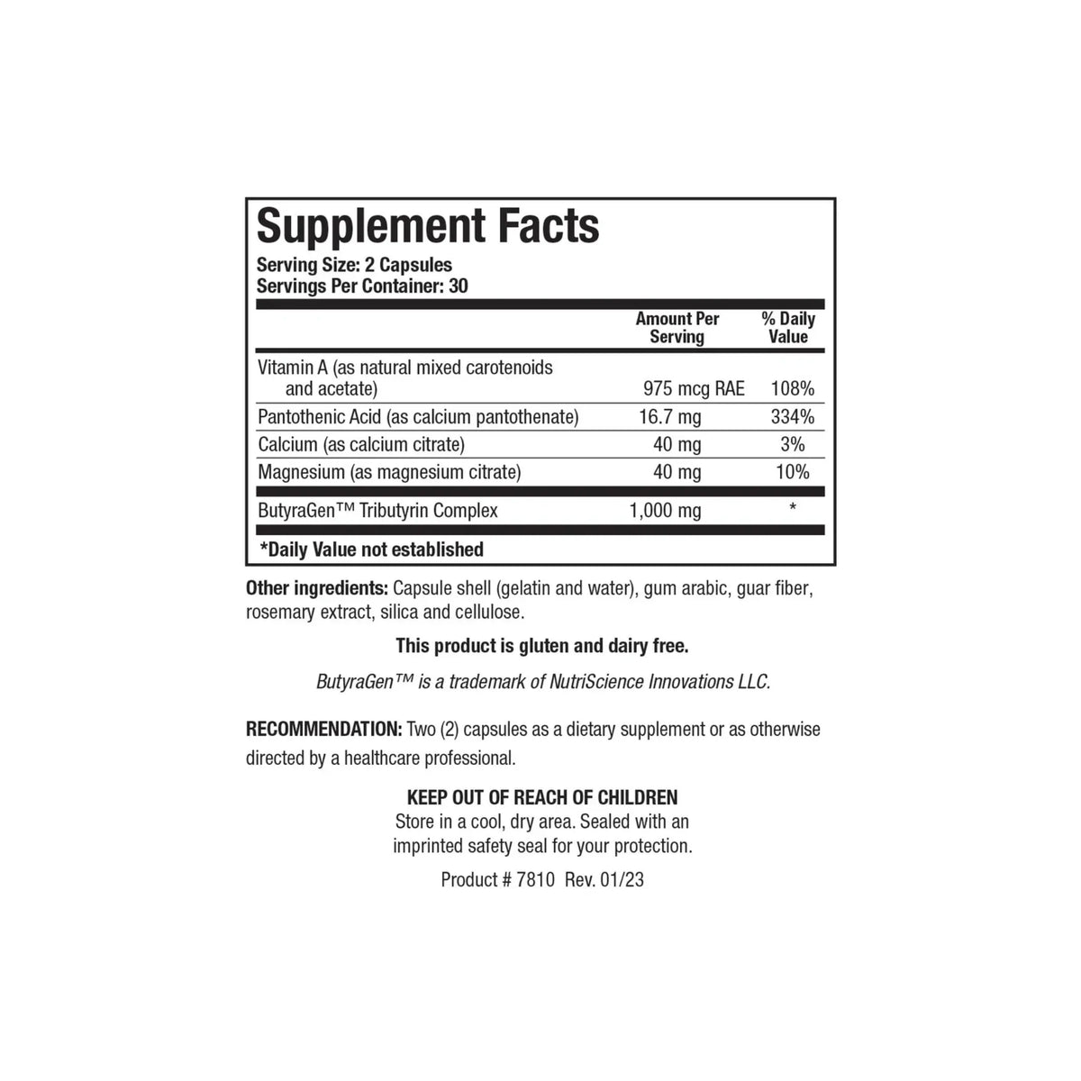 Close up of the Butyric Cal Mag supplement facts label detailing calcium and magnesium butyrate yield per capsule