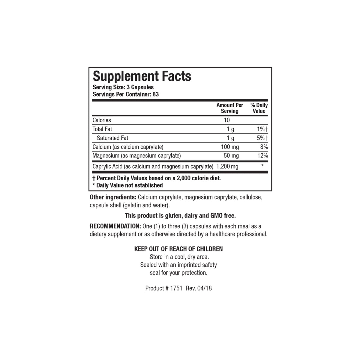 Close up of the Caprin supplement facts label detailing calcium caprylate and magnesium caprylate content per capsule