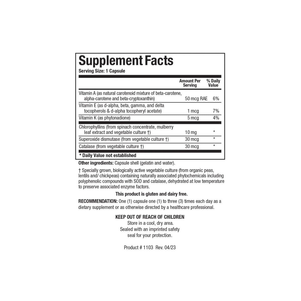 Close up of the Chlorocaps supplement facts label detailing fat soluble chlorophyllin concentration per capsule serving