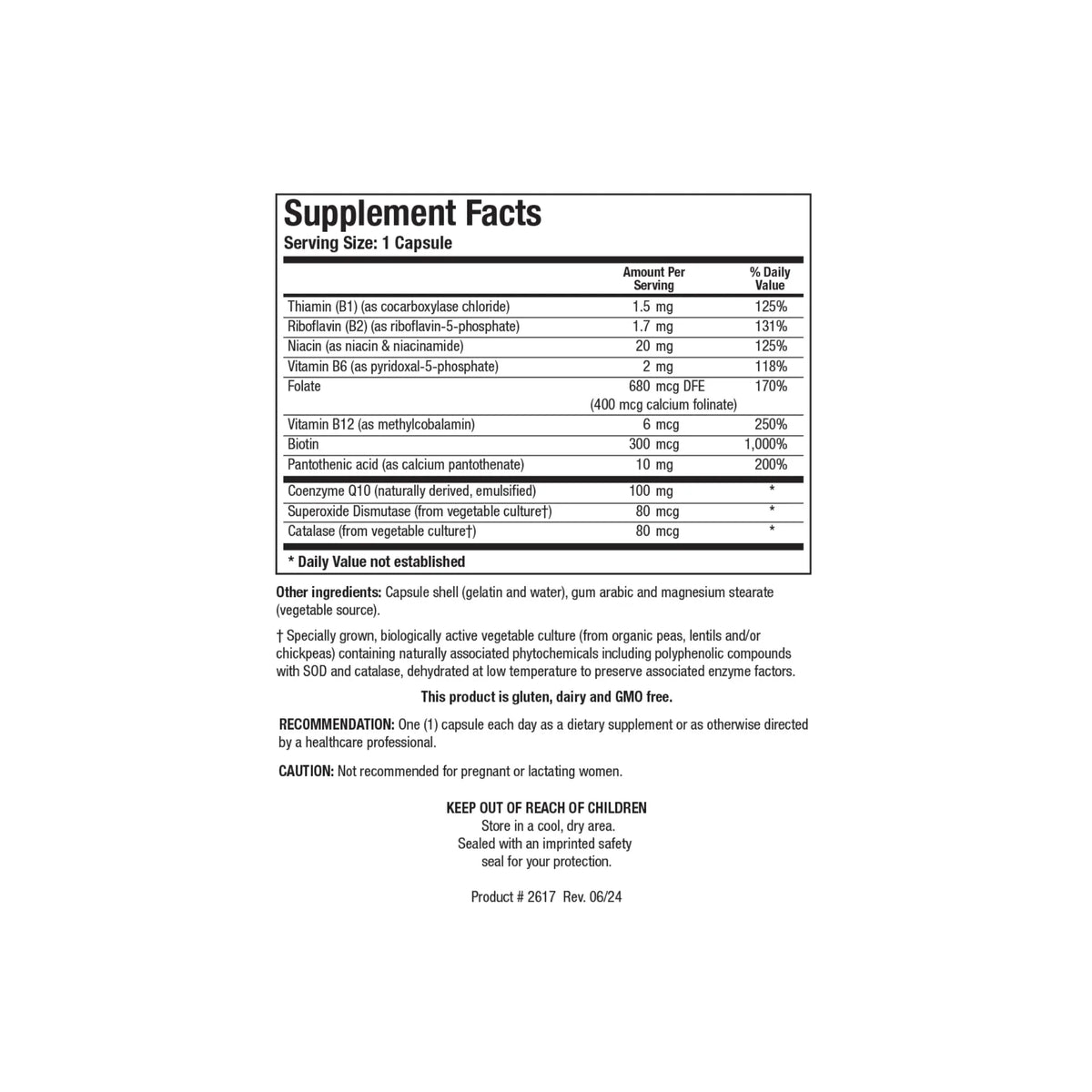 Close up of the CoQ Zyme 100 Plus supplement facts label detailing micro emulsified CoQ10 dosage synergistic B vitamins and organic vegetable culture