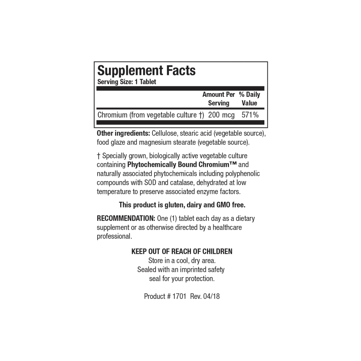 Close up of the Cr Zyme supplement facts label detailing biologically active vegetable culture supplying 200 mcg of chromium per tablet