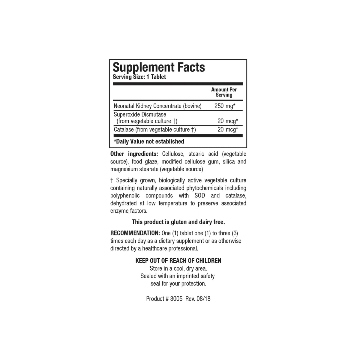 Close up of the Cytozyme KD supplement facts label detailing neonatal bovine kidney concentrate superoxide dismutase and catalase