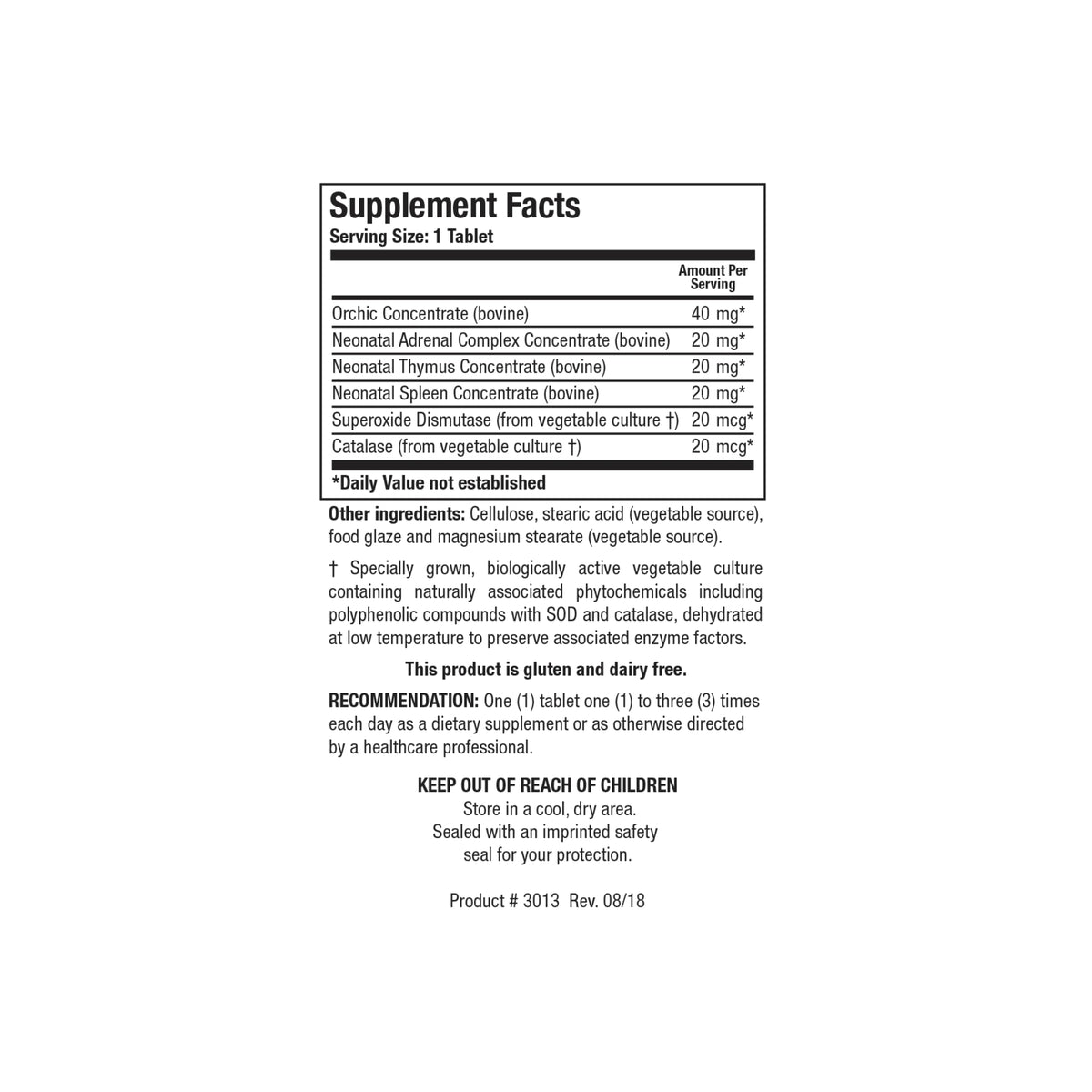 Close up of the Cytozyme M supplement facts label detailing neonatal adrenal thymus spleen and orchic concentrates with SOD and catalase