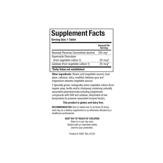 Close up of the Cytozyme PAN supplement facts label detailing neonatal bovine pancreas concentrate superoxide dismutase and catalase