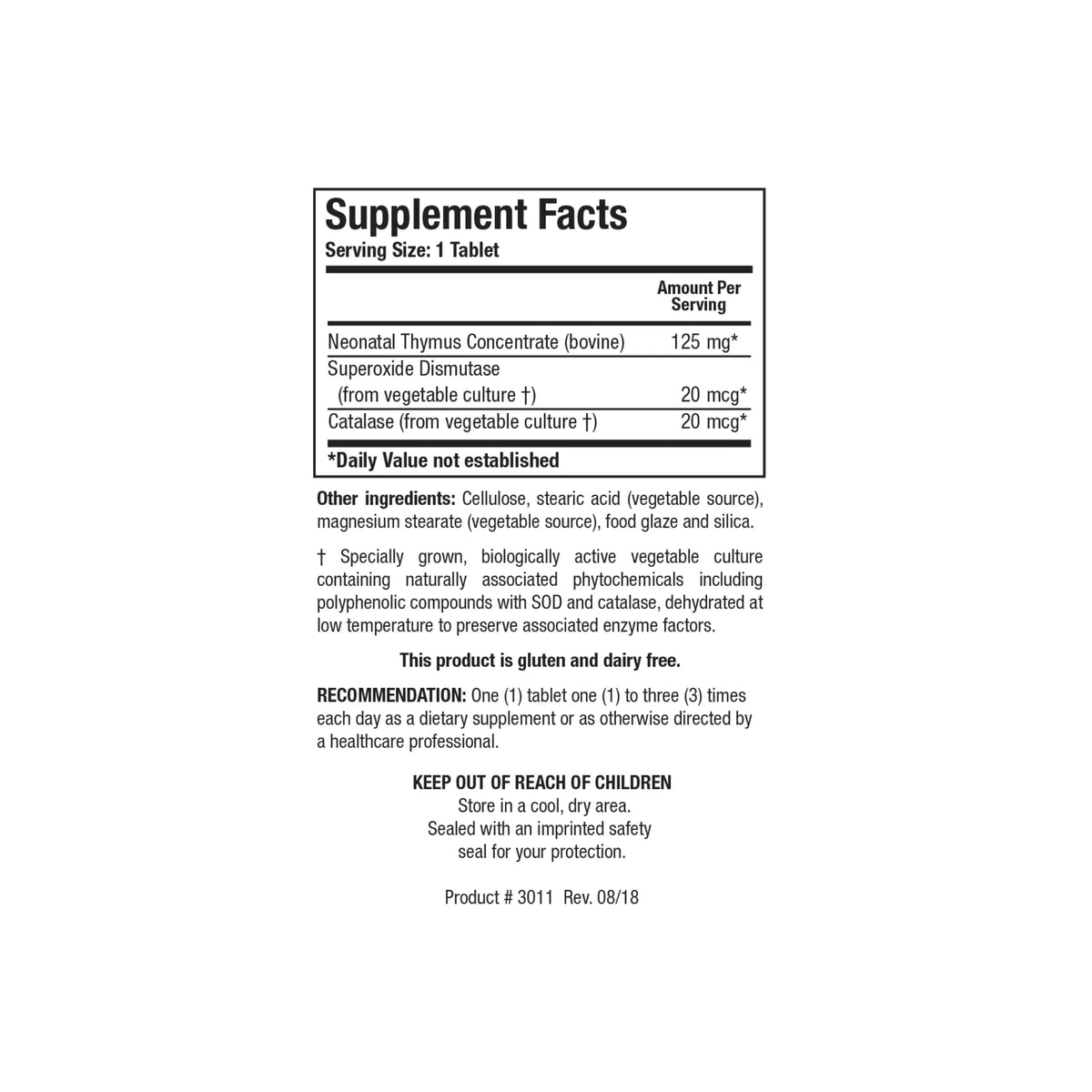 Close up of the Cytozyme THY supplement facts label detailing neonatal bovine thymus concentrate superoxide dismutase and catalase