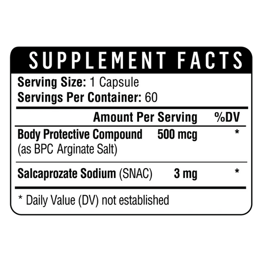 Body protection compound supplement ingredients label on the bottle.
