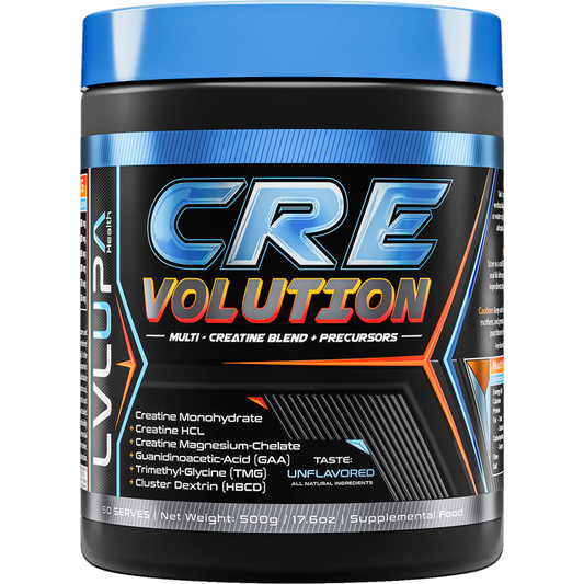 Crevolution by LVLUP Health advanced creatine blend supplement with Creatine Monohydrate, HCl, Magnesium-Chelate, GAA, and HBCD for enhanced absorption and performance