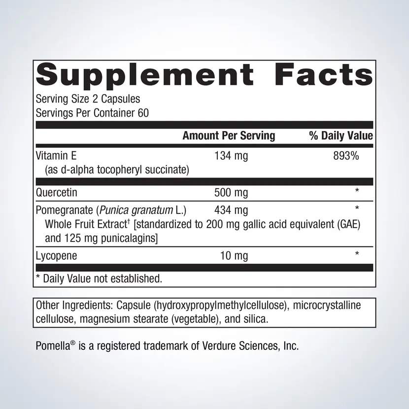 Supplement facts label with detailed nutritional information on a light gray background