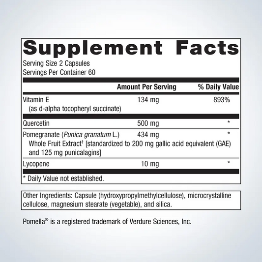 Supplement facts label with detailed nutritional information on a light gray background